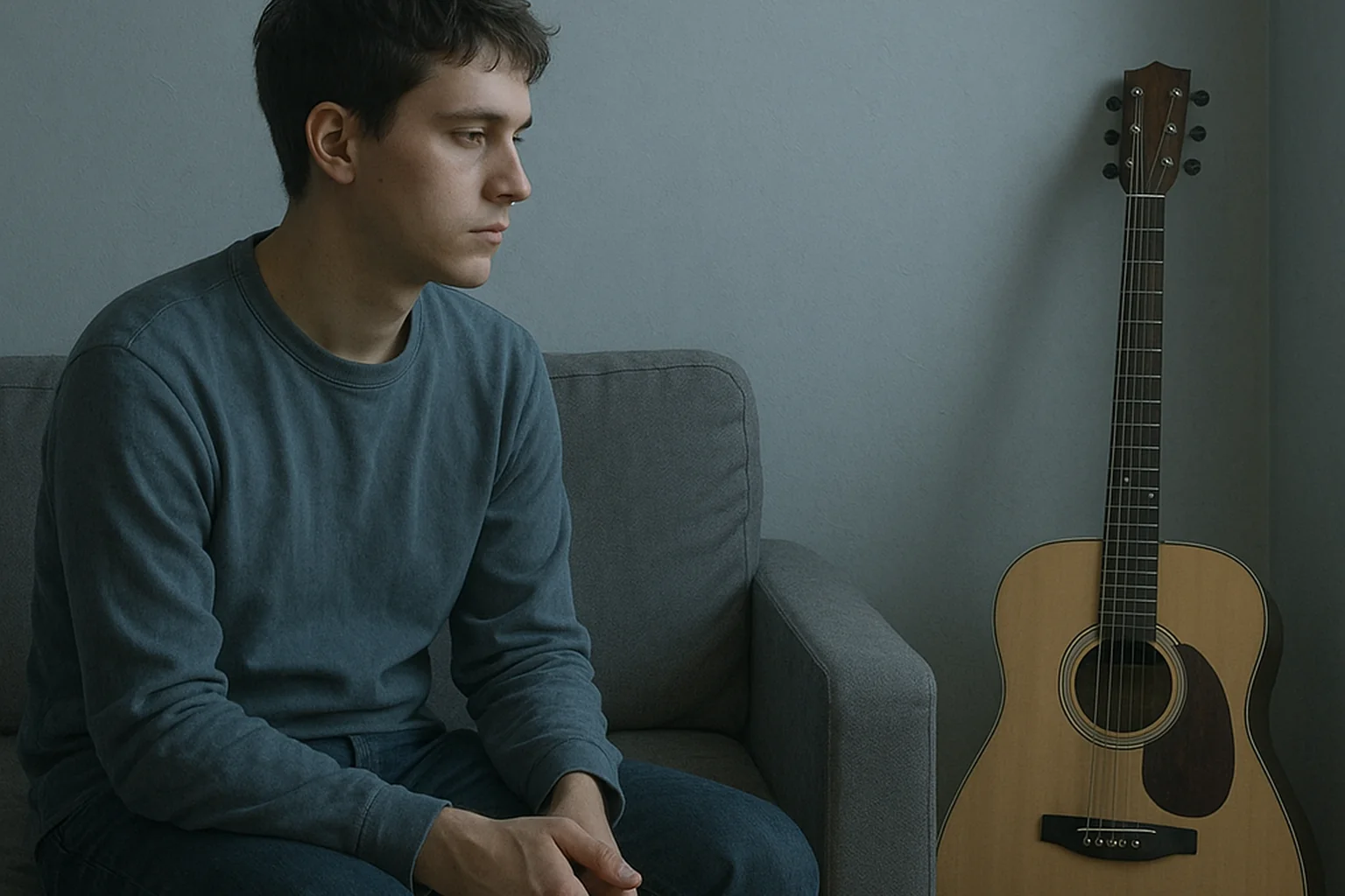Jeune adulte assis près d'une guitare abandonnée, regard vide illustrant la perte de plaisir de l'anhédonie