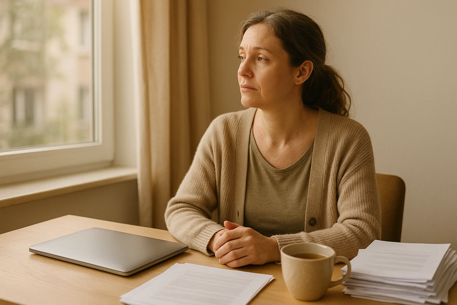 Salariée épuisée face à des documents administratifs, pensant à un arrêt de longue maladie pour dépression