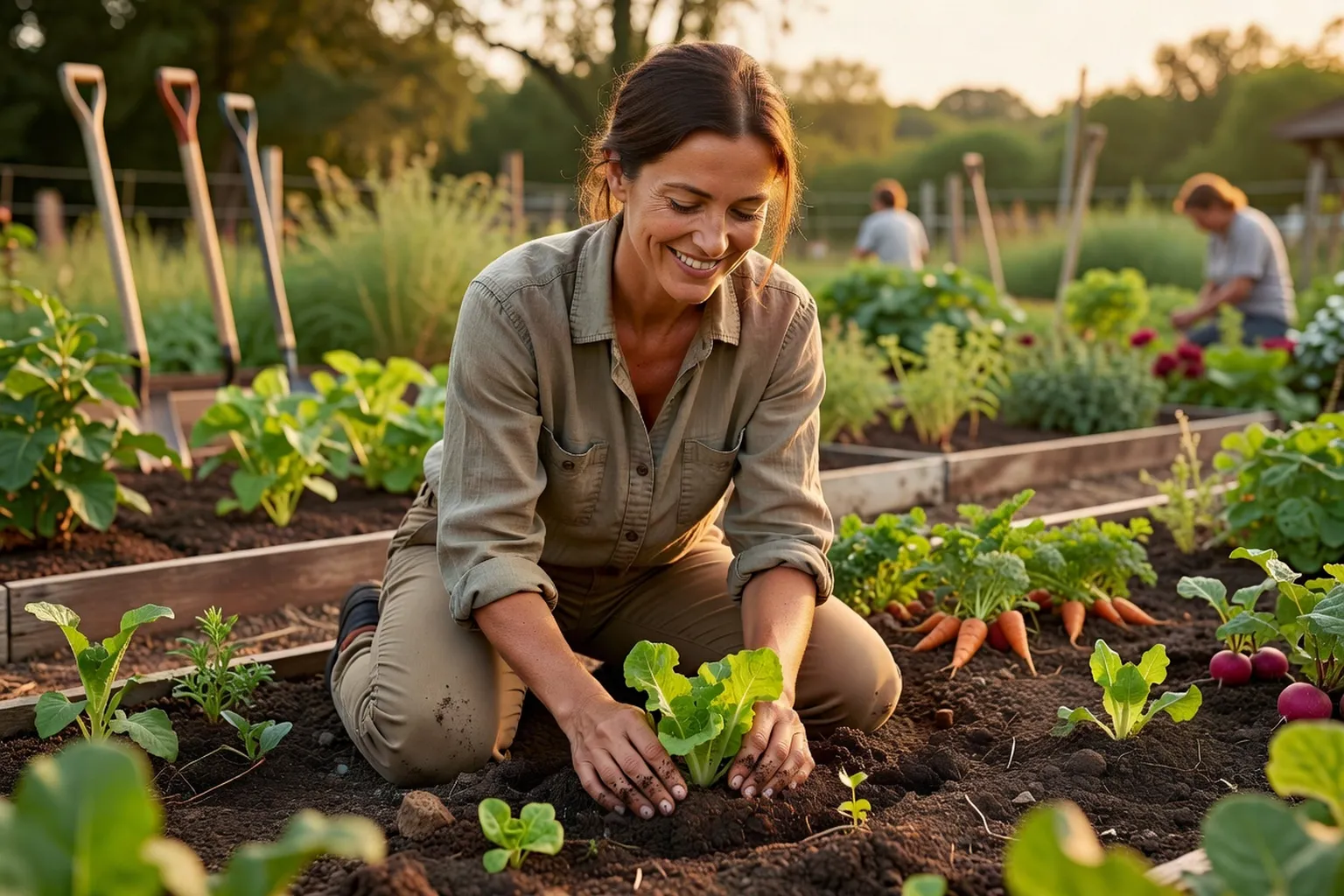 Femme souriante agenouillée dans un jardin potager, les mains dans la terre, plantant de jeunes légumes