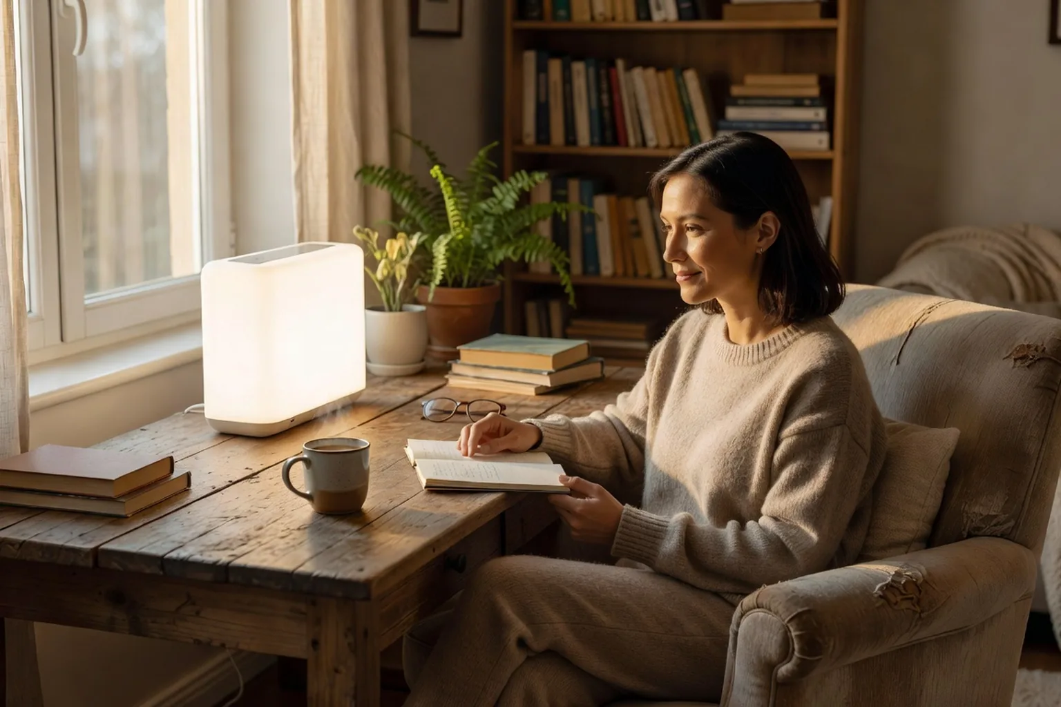 Personne utilisant une lampe de luminothérapie à son bureau le matin, ambiance chaleureuse