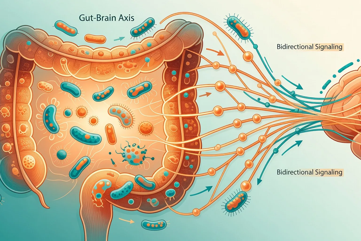 Illustration scientifique de l'axe intestin-cerveau avec réseau neuronal et microbiome