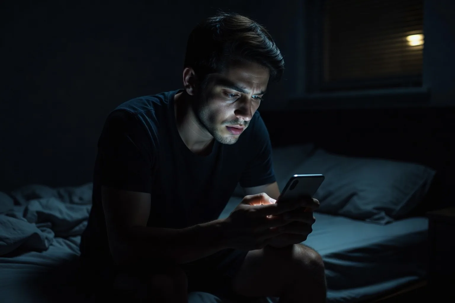 Jeune adulte regardant son t&eacute;l&eacute;phone dans la p&eacute;nombre, expression pensive et fatigu&eacute;e