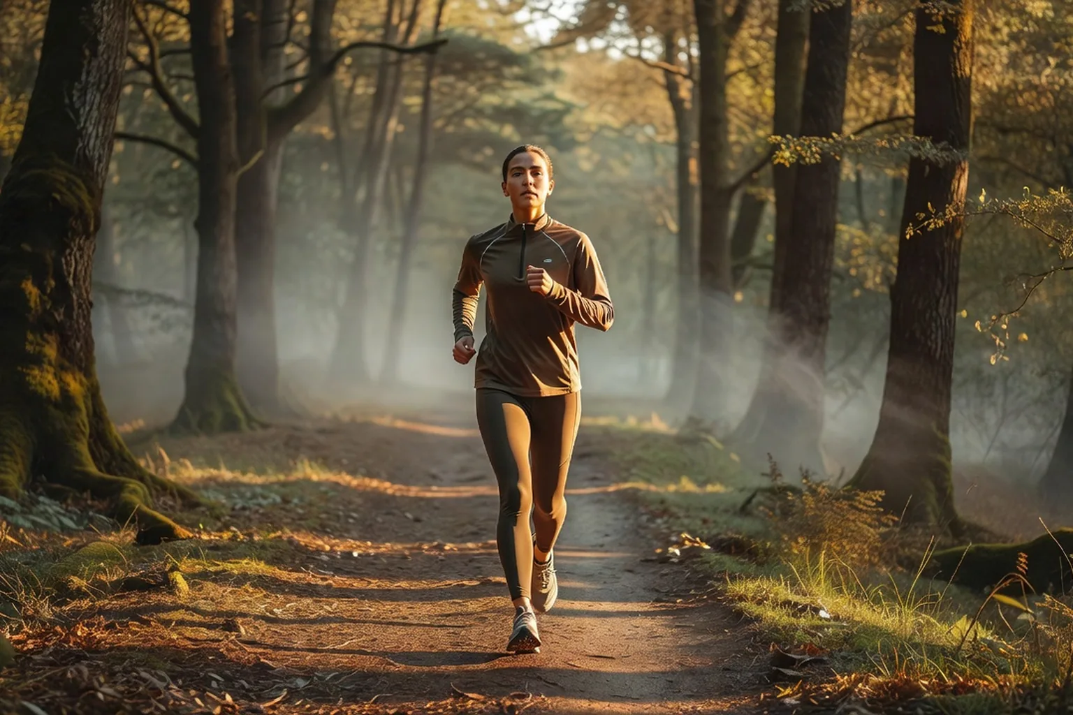 Personne faisant un jogging matinal en pleine nature, lumi&egrave;re douce, expression d&eacute;termin&eacute;e et apais&eacute;e