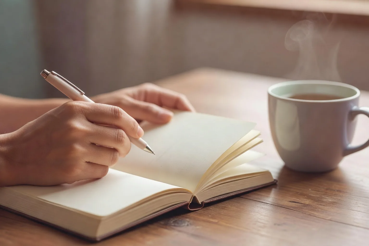 Mains tenant un carnet et un stylo sur une table en bois, ambiance de réflexion calme et bienveillante