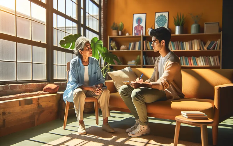 Jeune personne en consultation avec un professionnel bienveillant dans un bureau chaleureux