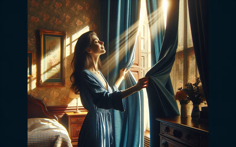 Personne ouvrant les rideaux sur une lumi&egrave;re vive et chaude, transition de l'ombre &agrave; la lumi&egrave;re
