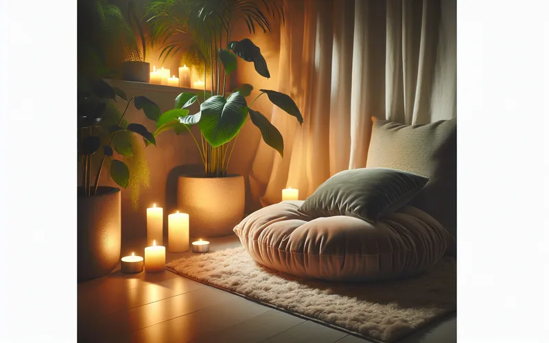 Coin m&eacute;ditation cosy avec coussin, bougies et plantes, lumi&egrave;re douce et apaisante