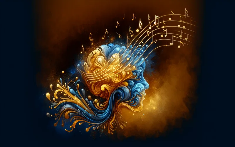 Illustration chaleureuse de notes musicales entrant dans un cerveau, tons dor&eacute;s et bleus, musicoth&eacute;rapie