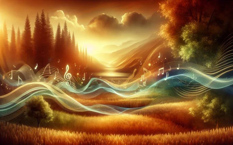 Ondes sonores chaleureuses traversant un paysage naturel paisible, concept de gu&eacute;rison par la musique