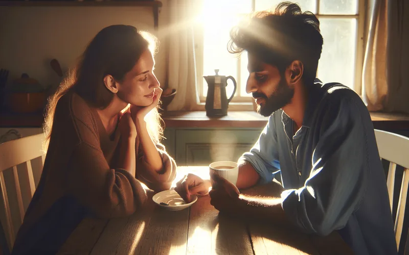 Tasse de caf&eacute; partag&eacute;e &agrave; une table de cuisine dans la lumi&egrave;re du matin, conversation bienveillante