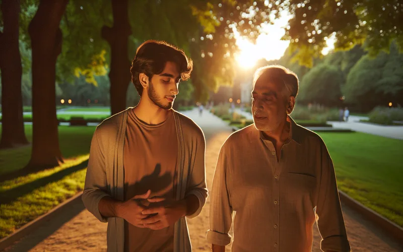 Enfant adulte et p&egrave;re marchant ensemble dans un parc &agrave; l'heure dor&eacute;e, moment de lien