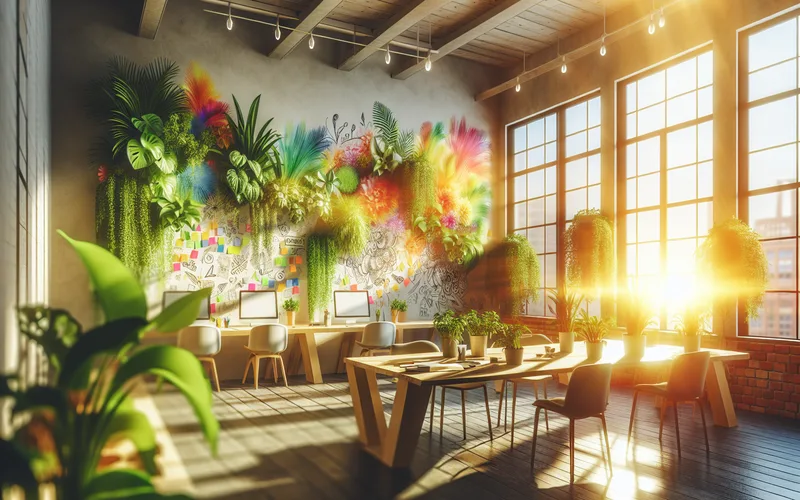 Espace de travail moderne lumineux avec plantes et notes colorées