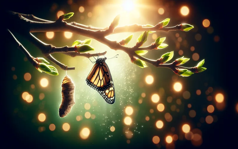 Papillon &eacute;mergeant de son cocon sur une branche printani&egrave;re, symbole de transformation