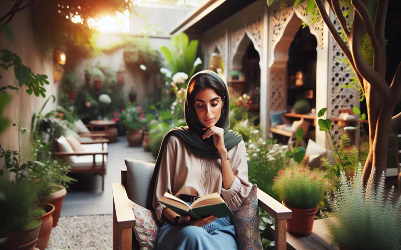 Enseignant lisant un livre dans un jardin paisible pendant la pause, lumi&egrave;re d'apr&egrave;s-midi