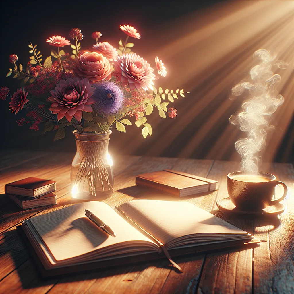 Journal intime ouvert sur un bureau avec des fleurs fraîches et une tasse de café, atmosphère chaleureuse et introspective