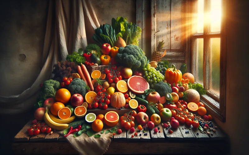 Assortiment d'aliments sains et color&eacute;s sur une table rustique, nourriture pour le moral