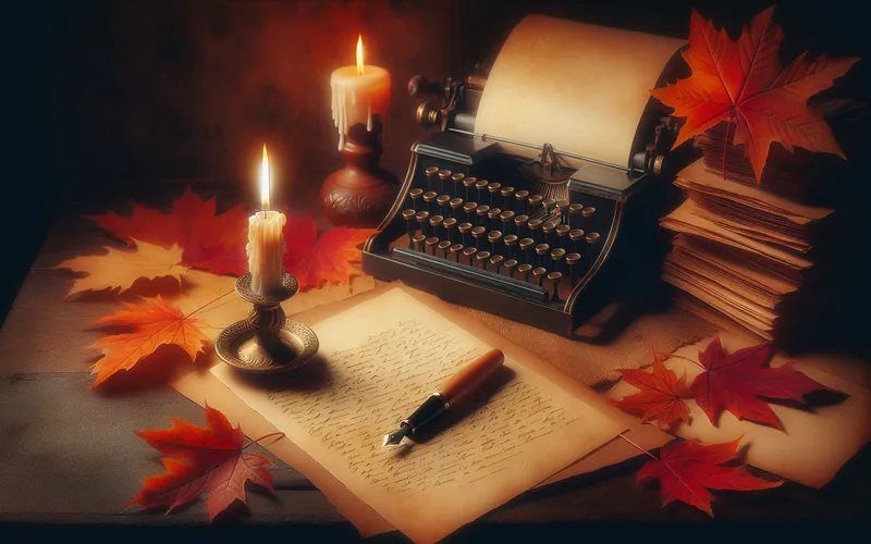 Bureau vintage avec plume et papier, lumière de bougie, feuilles d'automne, mélancolie créative