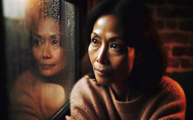 Personne regardant pensivement à travers une fenêtre avec des gouttes de pluie, lumière chaude à l'intérieur