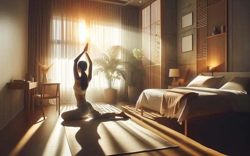 Personne faisant du yoga doux le matin dans une chambre ensoleill&eacute;e, connexion corps-esprit