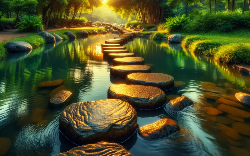 Pierres de gu&eacute; traversant un ruisseau paisible dans la lumi&egrave;re dor&eacute;e, progression graduelle