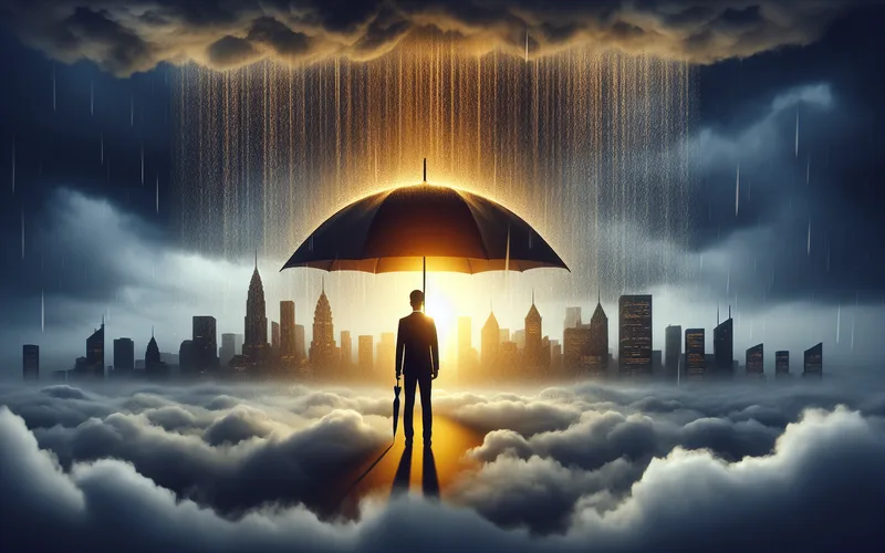 Parapluie symbolique protégeant une personne de la pluie, lumière dorée perçant les nuages, protection juridique